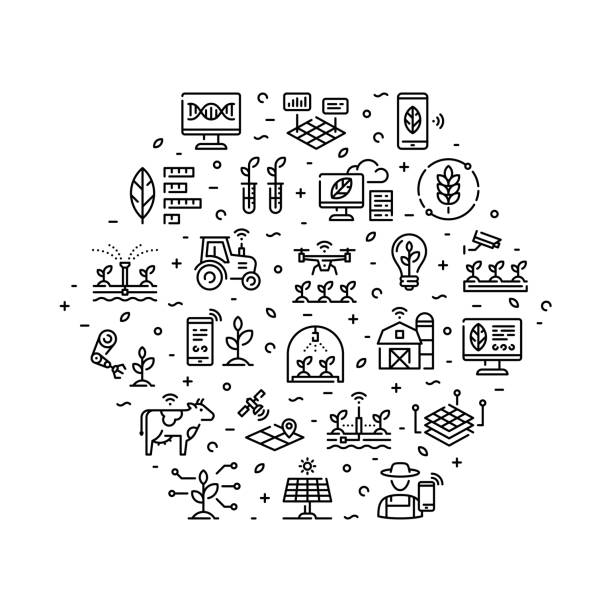 Vector Smart Farm Agriculture Icon Set Vector smart farm icon set. Outline illustrations of technology agriculture in hexagon form. Modern digital farming symbols. Innovation farmer management pictogram concept precision agriculture stock illustrations