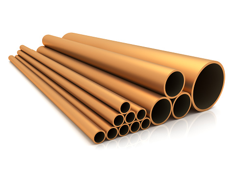 High quality render of stacked copper pipes