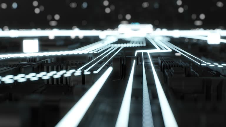 An artificially intelligent computer chip is processing and pulsating with big data information inside the CPU. Big data information is flowing through the computer and moving forward the CPU processor. Digitally generate computer concept.