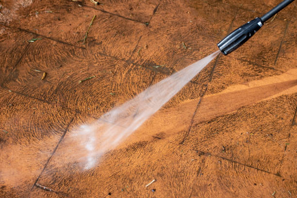 istock Cleaning backyard paving tiles with pressure washer. 1309227846