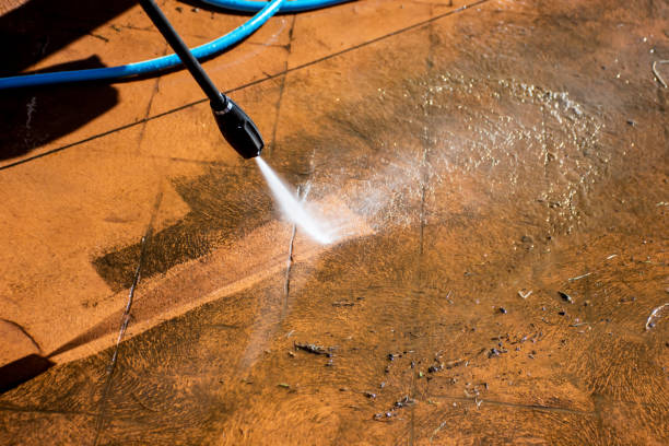 istock Cleaning backyard paving tiles with pressure washer. 1309227977