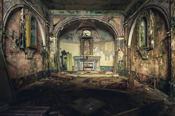 Interior of an abandoned village in Italy, church and objects Interior of an abandoned village in Italy, church and objects abandoned place stock pictures, royalty-free photos & images