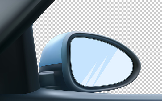 Mockup rear-view mirror, right, passenger. With empty space to insert an image. Isolated on transparent background. 3d realistic vector illustration.