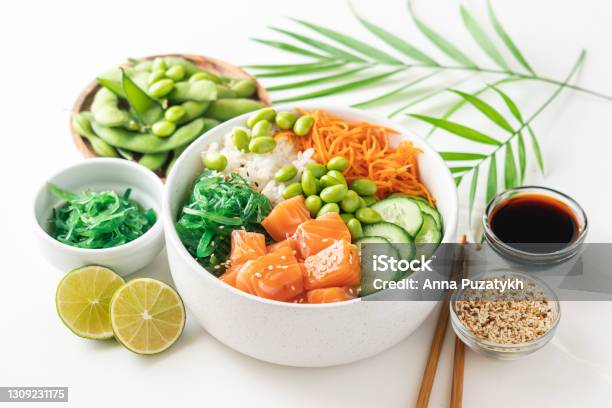 Poké Bowl With Raw Salmon Stock Photo - Download Image Now - Bowl, Poke - Food, Salmon - Seafood