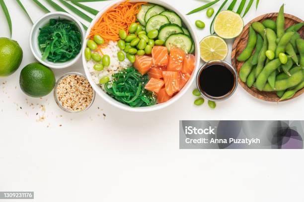 Poké Bowl With Raw Salmon Stock Photo - Download Image Now - Poke - Food, Bowl, Above