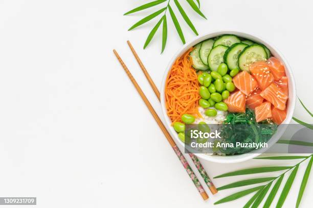 Poké Bowl With Raw Salmon Stock Photo - Download Image Now - Bowl, Directly Above, Salad