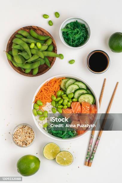 Poké Bowl With Raw Salmon Stock Photo - Download Image Now - Above, Appetizer, Bean