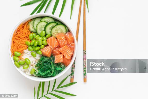 Poké Bowl With Raw Salmon Stock Photo - Download Image Now - Bowl, Poke - Food, White Background
