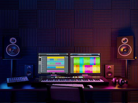 Lugar de trabajo de audio, estudio de grabación, estudio de música por ordenador.3d renderizado photo