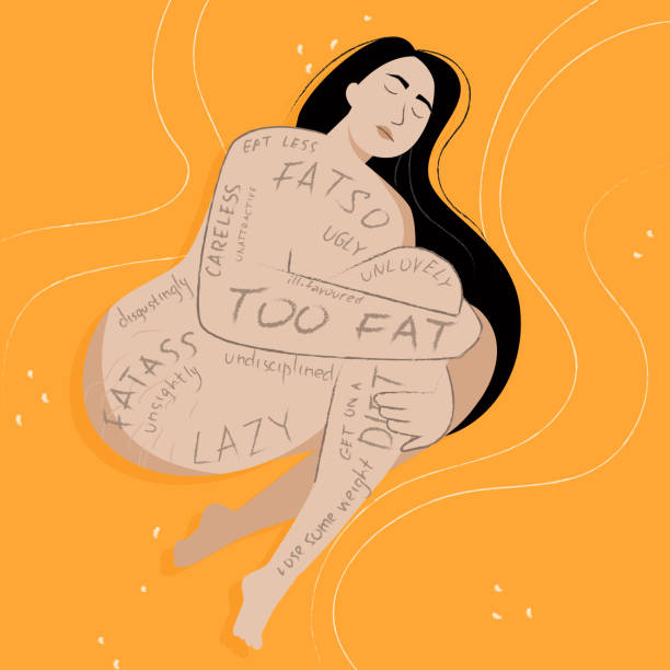 Upset girl with a stigma of rejection of her appearance on her body. Body shaming as a form of discrimination. Pressing social problems which may cause eating disorders and depression. Upset girl with a stigma of rejection of her appearance on her body. Body shaming as a form of discrimination. Pressing social problems which may cause eating disorders and depression. humiliate stock illustrations