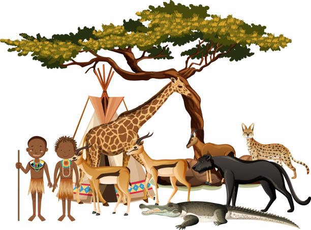 istock African tribe with group of wild african animal on white background 1309242650