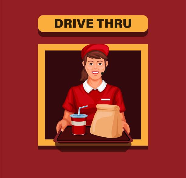 illustrazioni stock, clip art, cartoni animati e icone di tendenza di la ragazza fast food ha servito l'ordine in auto attraverso il servizio. concetto nel vettore illustrazione cartone animato - drive in