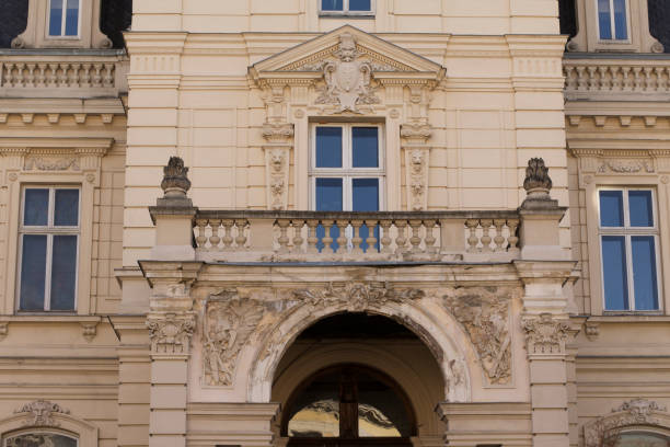 istock Facade of old building with three windows and balcony in Lviv 1309243602