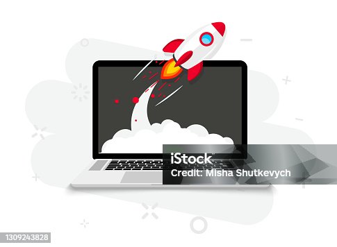 istock Rocket launch from laptop screen. Rocket taking off. Business Start up, Launching new product or service. Successful start-up launch new business project. Creative or innovative idea. Rocket launch 1309243828