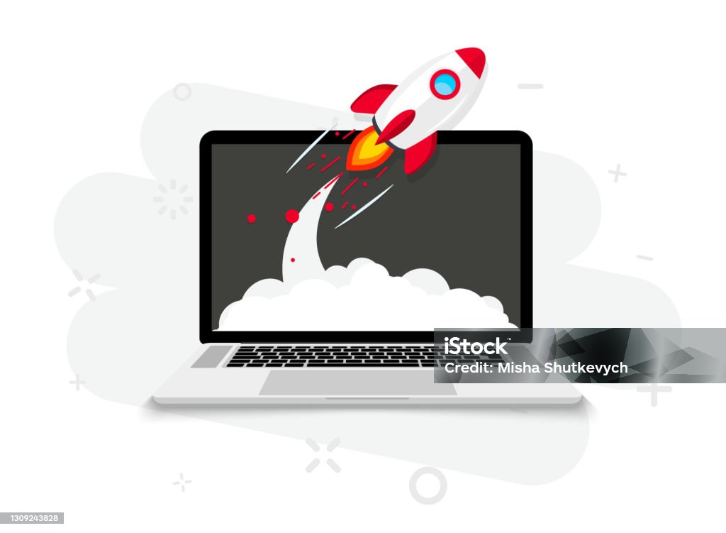 Rocket launch from laptop screen. Rocket taking off. Business Start up, Launching new product or service. Successful start-up launch new business project. Creative or innovative idea. Rocket launch Rocketship stock vector