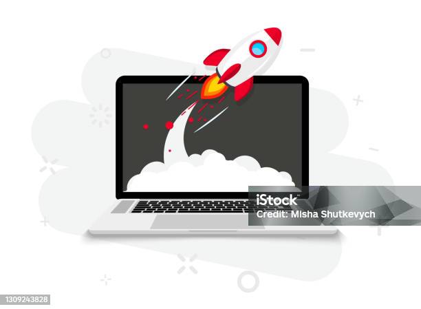Rocket Launch From Laptop Screen Rocket Taking Off Business Start Up Launching New Product Or Service Successful Startup Launch New Business Project Creative Or Innovative Idea Rocket Launch Stock Illustration - Download Image Now
