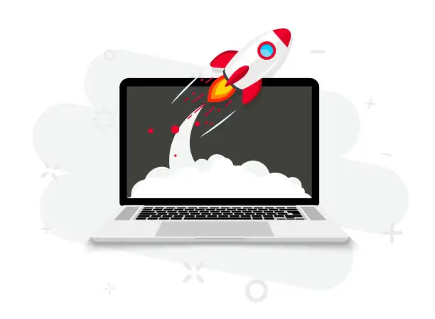 Vector illustration of Rocket launch from laptop screen. Rocket taking off. Business Start up, Launching new product or service. Successful start-up launch new business project. Creative or innovative idea. Rocket launch