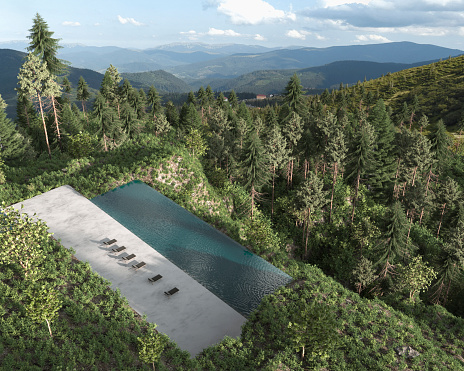 Modern house terrace and private swimming pool with sun lounger. Nature panoramic view forest with landscape mountains and pine at villa. 3d render illustration. Minimal architecture exterior design.