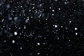 istock Real falling snow on black background for blending modes in ps. Ver 01 - many snowflakes in blur 1309244177