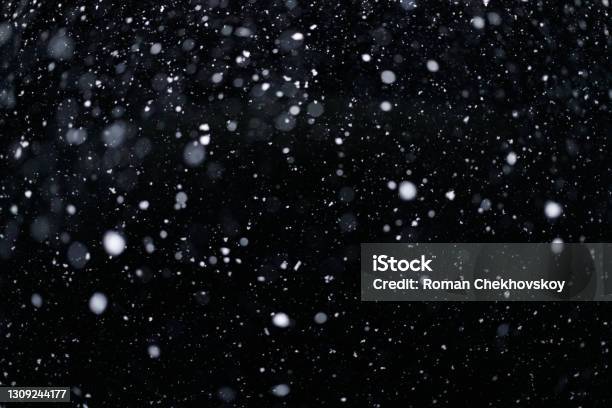 Real Falling Snow On Black Background For Blending Modes In Ps Ver 01 Many Snowflakes In Blur Stock Photo - Download Image Now