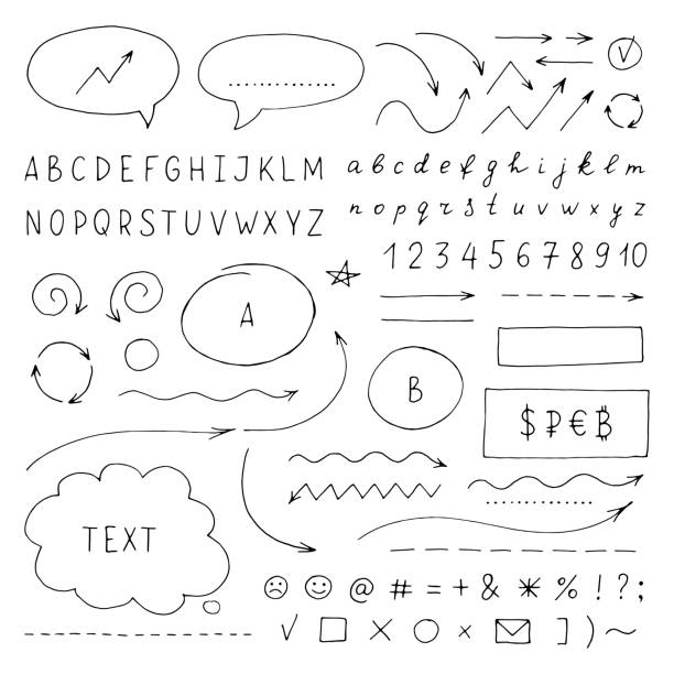 手書きの看板のセット。ベクター分離要素。黒い文字、矢印、白い背景に数字。 - 薄い 細い点のイラスト素材／クリップアート素材／マンガ素材／アイコン素材