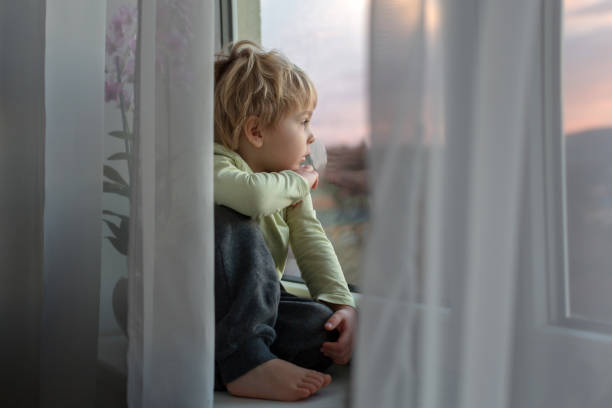 istock Toddler child, sitting on the window on sunset, looking out 1309245633
