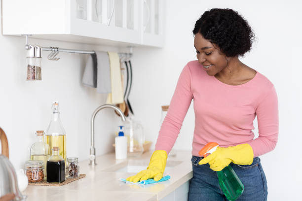 istock Joyful black lady cleaning kitchen furniture, copy space 1309245642