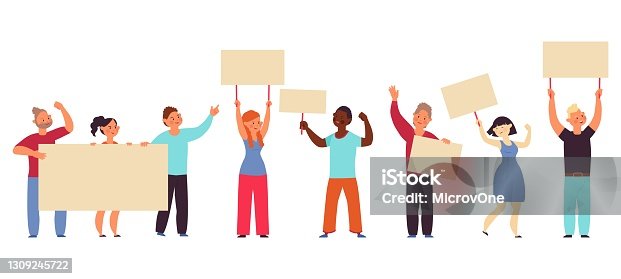 istock Demonstration. People hold banners, worker with blank placard. Protest crowd, meeting for peace or rights. Eco activists decent vector characters 1309245722