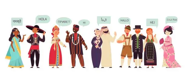 Vector illustration of Multilingual characters. Group talking people, conversation on diverse language. Communication activities, business greeting decent vector concept