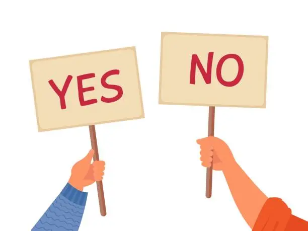 Vector illustration of Yes no banner. Isolated text placard, hands hold right wrong message. Idea or choice, correct and incorrect dialog mark decent vector concept