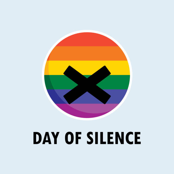 Day of Silence vector LGBTQ rainbow round flag vector. Protest against homophobia vector icon. Important day finger on lips stock illustrations