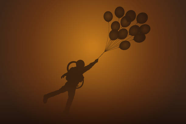Lonely astronaut Cosmonaut isolated silhouette. Man with balloons astronaut silhouettes stock illustrations