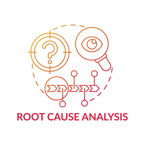 Root cause analysis red gradient concept icon Root cause analysis red gradient concept icon. Work productivity. Performance efficiency. Problem evaluation, find solution idea thin line illustration. Vector isolated outline RGB color drawing general manager stock illustrations