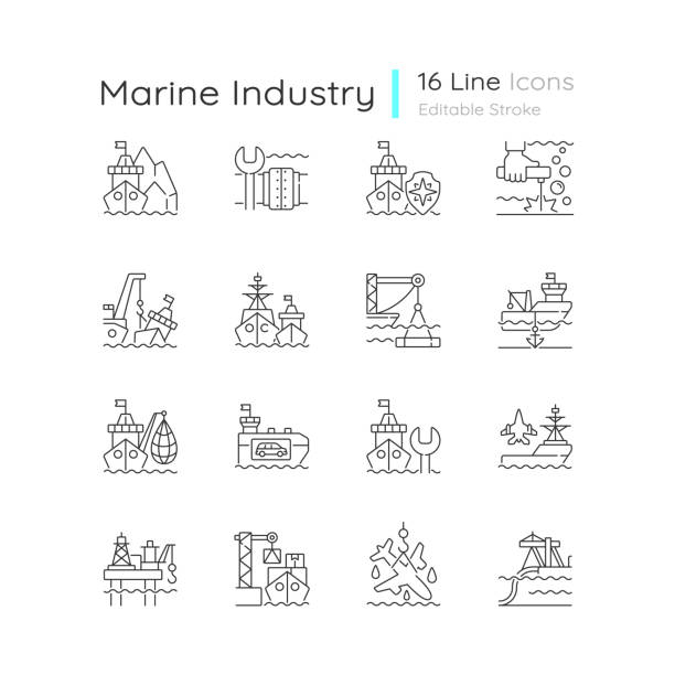 ilustraciones, imágenes clip art, dibujos animados e iconos de stock de conjunto de iconos lineales de la industria marina - astillero