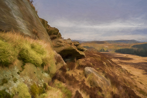 Digital painting of baldstone, and Gib Torr looking towards the Roaches, Ramshaw Rocks, and Hen Cloud during winter in the Peak District National Park.