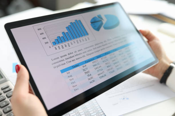 istock Female hands holding digital tablet with graphs and charts concept 1309248892