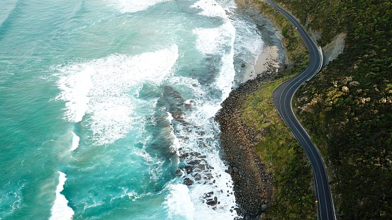 Aerial shots of the Great Ocean Road, an iconic drive, in Victoria, Australia.