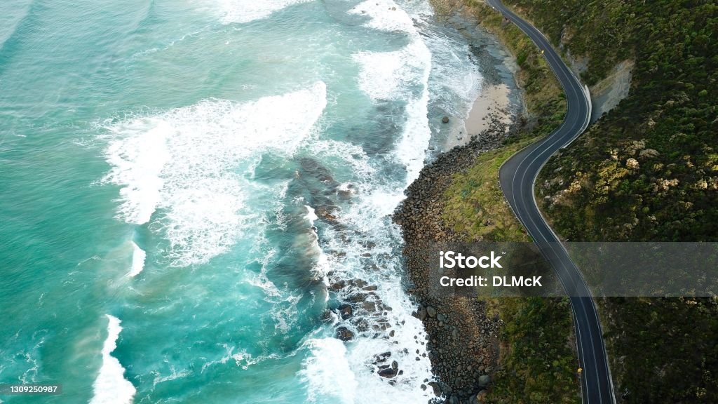 Great Ocean Road - Aerial Aerial shots of the Great Ocean Road, an iconic drive, in Victoria, Australia. Great Ocean Road Stock Photo