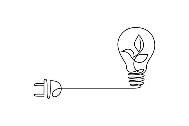 Green energy icon Green energy icon in continuous line art drawing style. Plant inside light bulb with power plug as a symbol of environmental friendly sources of energy black linear design isolated on white background electricity drawings stock illustrations