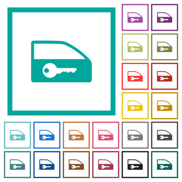 ilustrações, clipart, desenhos animados e ícones de ícones de cor plana da porta do carro com molduras de quadrante - car car door dashboard symbol