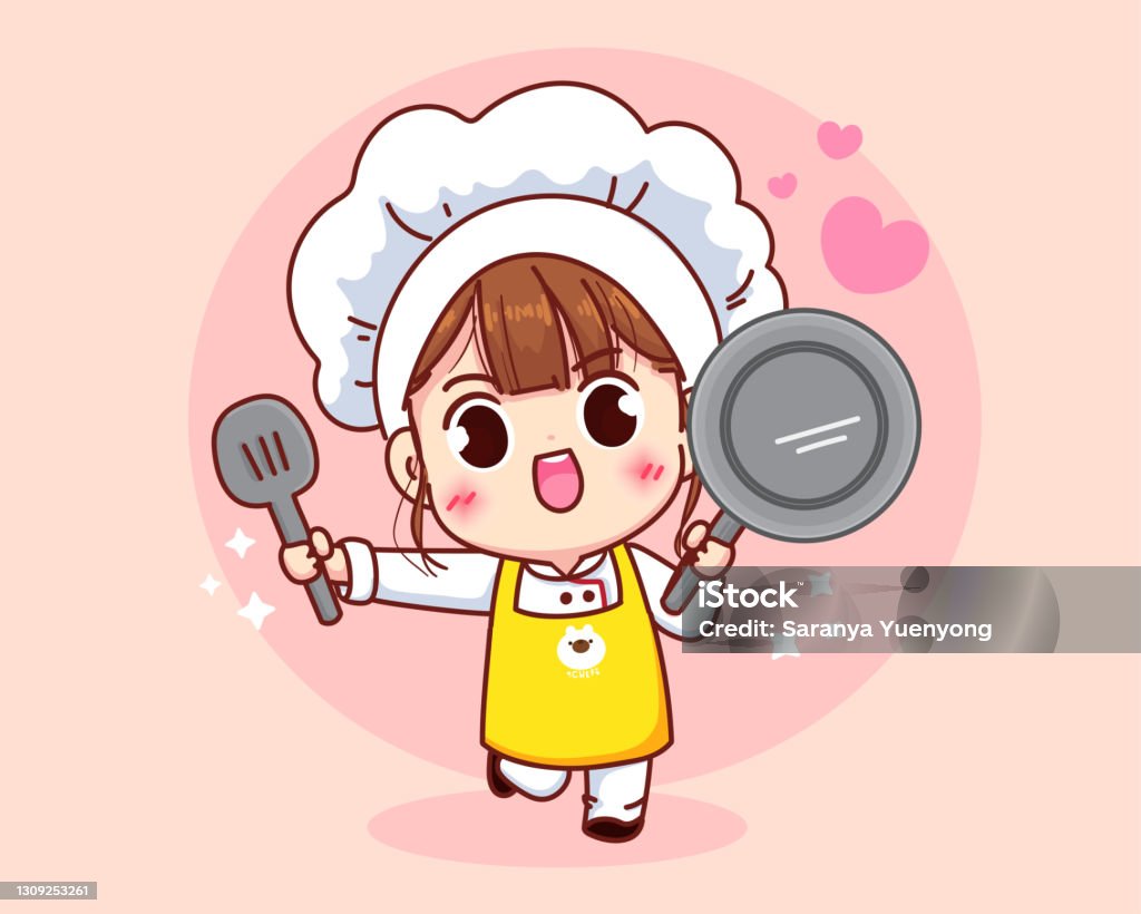 Cute Chef Girl Smiling In Uniform Holding Pan And Spatula Cartoon Art  Illustration Logo Stock Illustration - Download Image Now - iStock