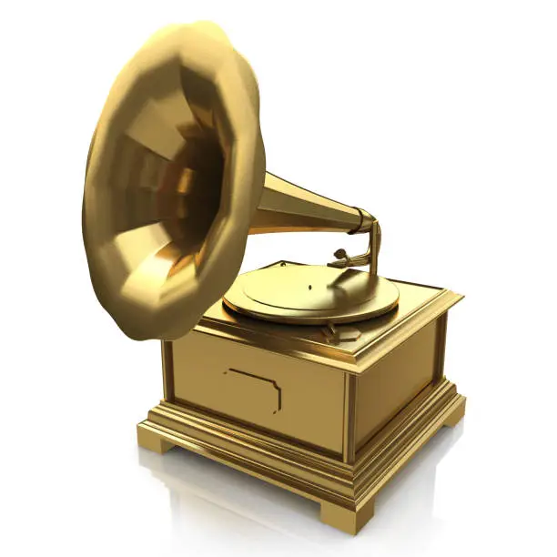Photo of Vintage gold gramophone in the design of the information related to the retro music. 3d illustration