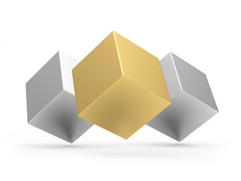 One gold cube with two silver cubes. 3d illustration