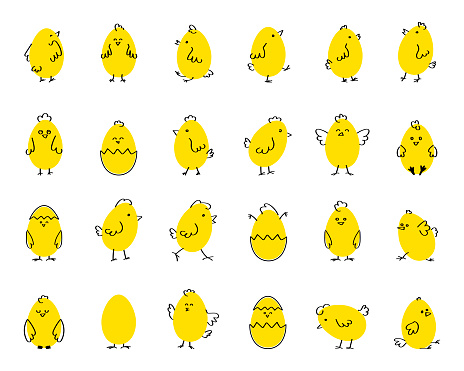 Easter funny cute chickens, flat vector illustration on white isolated background. Set.