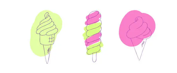 Vector illustration of A set of ice cream of different shapes pink and green. Cartoon style vector illustration. Hand drawn doodle style.