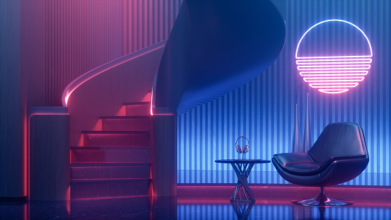 Laptop and headphones on side table with swivel chair in retro wave style room lit with blue and purple neon lights.