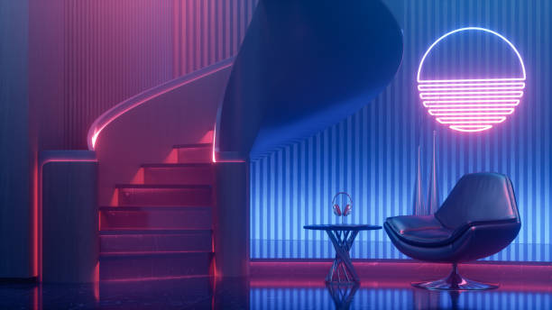 Retro Futuristic Interior Laptop and headphones on side table with swivel chair in retro wave style room lit with blue and purple neon lights. vaporwave photos stock pictures, royalty-free photos & images