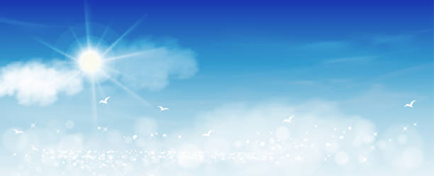 istock Morning sky with white clouds and Sun Shining, Horizon Spring sky scape in blue colour,Vector background of nature sky in sunny day Summer, World environment day concept 1309261425