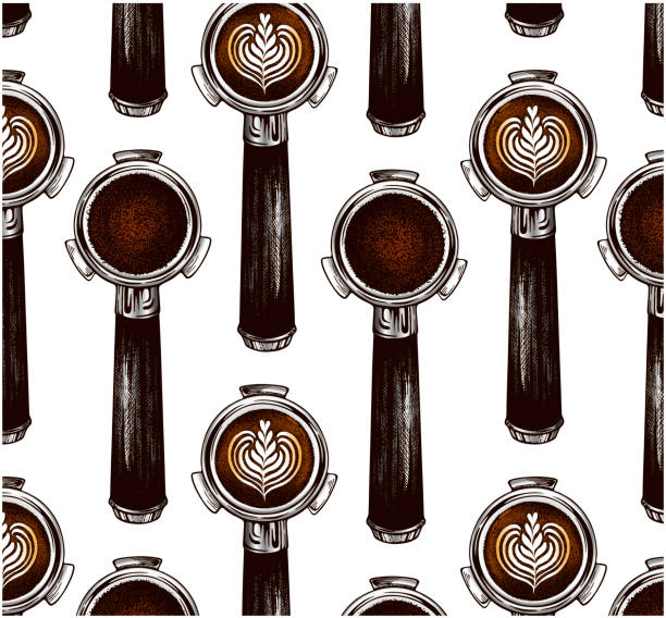 Pattern of coffee holder with ground coffee Sketch hand drawn pattern of coffee holder with ground coffee isolated on white background. Line art portafilter, coffee machine. Barista, cafe, menu, vintage packaging, latte art. Vector illustration. barista stock illustrations
