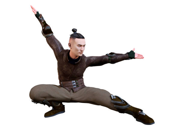 3D rendering of a young Asian man exercising kung fu isolated on white background